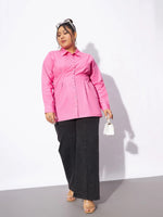 Women Pink Poplin Pleated Slim Waist Shirt