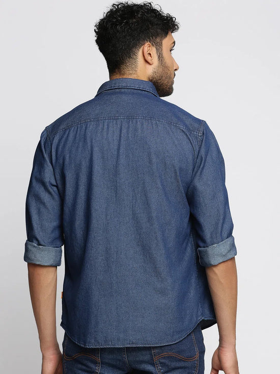 Men Navy Blue Spread Collar Solid Oversized Shirt-SMILEDENIM-4913-Navyblue