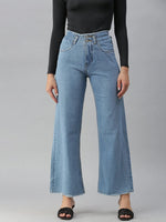 Women's Blue Solid Wide Leg Denim Jeans-GZ-5065A-Blue