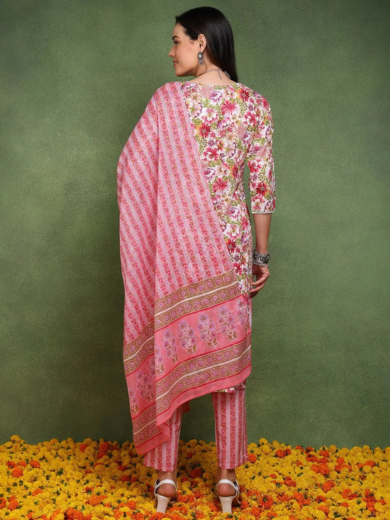 Ahika Women Pink Pure Cotton Floral Printed Straight Kurta Trouser With Dupatta-JPSKD1023PNK_M