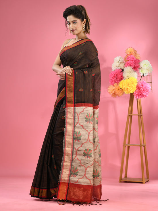 Black Cotton Blend Handwoven Saree With Jute Weaving Pallu-MA51BCT431930040