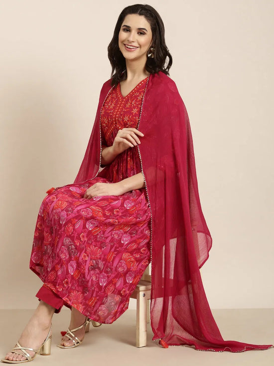 Women Anarkali Pink Floral Kurta and Trousers Set Comes With Dupatta-AT-A1377-KPD-Pink