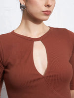 Women Rust Rib Keyhole Neck Top