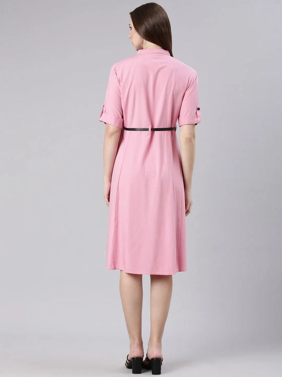 Women Pink Solid Shirt Dress-DF-1439-Pink