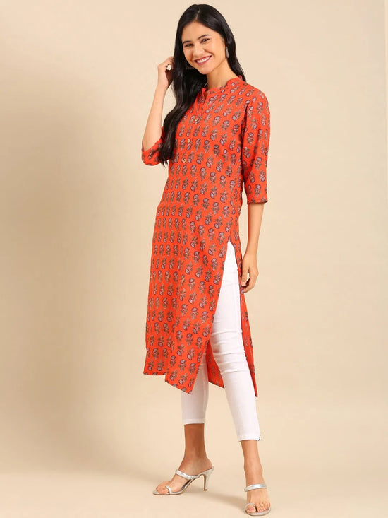 Women's Orange Printed Straight Kurta-GW-500-S-Orange