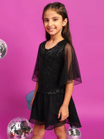 Tales & Stories Girls Black Polyester Regular Fit Sequins Dress