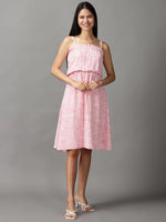 Women's Pink Printed Fit and Flare Dress-AE-15740-Pink