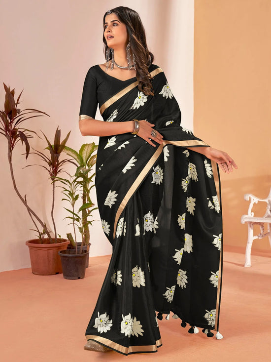 Saree Mall Women's Cotton Slub Black Printed Designer Saree With Blouse Piece-NAVYA125