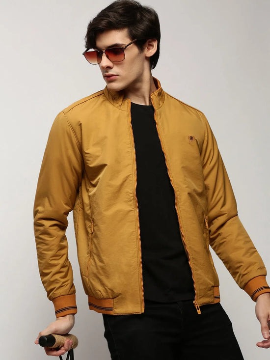 Men Yellow Solid Casual Bomber Jackets-ZD-3100-Mustard