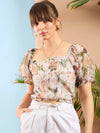 Women Beige Floral Chiffon Puff Sleeves Top