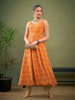 Women Yellow Floral Sweetheart Neck Anarkali Kurta