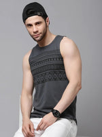 Rigo Dark Grey Placement Print With Curved Bottom Sleeveless T-Shirt Vest