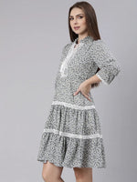 Women Grey Floral Fit and Flare Dress-AE-15793-Grey