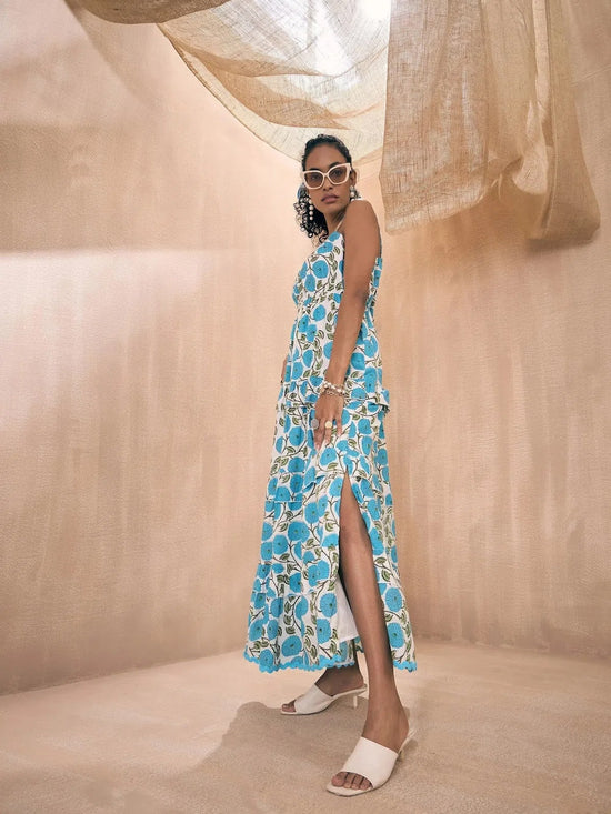 Women Blue Floral Front Slit Strappy Maxi