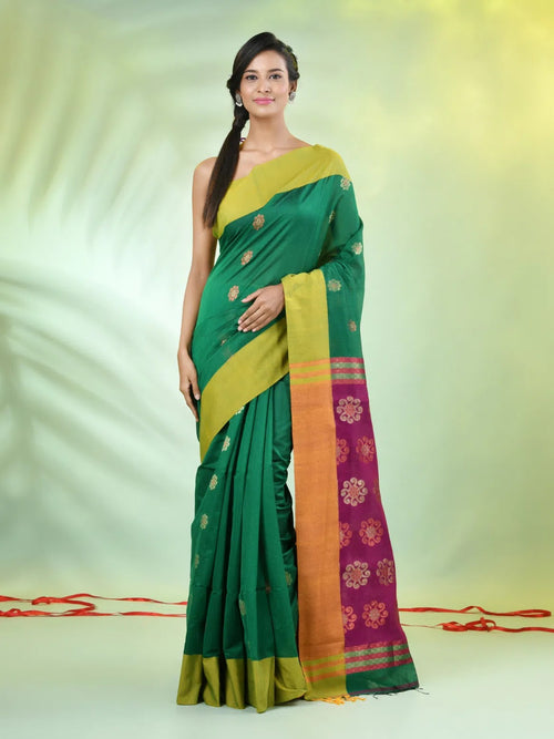 Green Cotton Saree With Ethnic Motifs-MA66BCT431050057