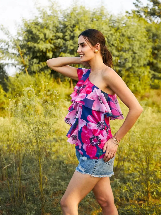 One shoulder Frill Top in Blue and Pink Print