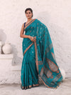 Teal Cotton Saree With Zari Border-MA54BCT041380037