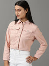 Women's Peach Solid Denim Jacket-IM-10534-Peach