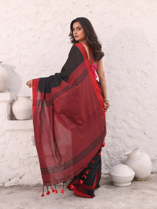 Black Pure Cotton Saree With Temple Border-MA54CT33440070