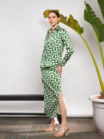 Women Green Satin Geometrical Shirt With Ruched Skirt