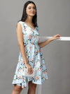 Women's Blue Floral Fit and Flare Dress-AE-15676-Blue