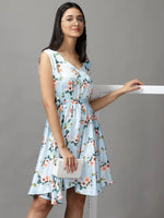 Women's Blue Floral Fit and Flare Dress-AE-15676-Blue