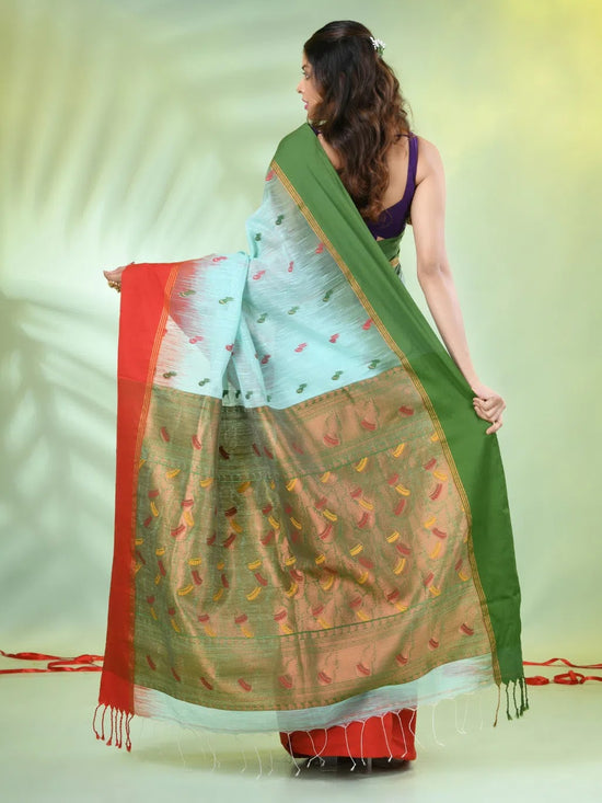 Sea Green Cotton Ikat Saree With Ganga Jamuna Border-MA66BCT431380079