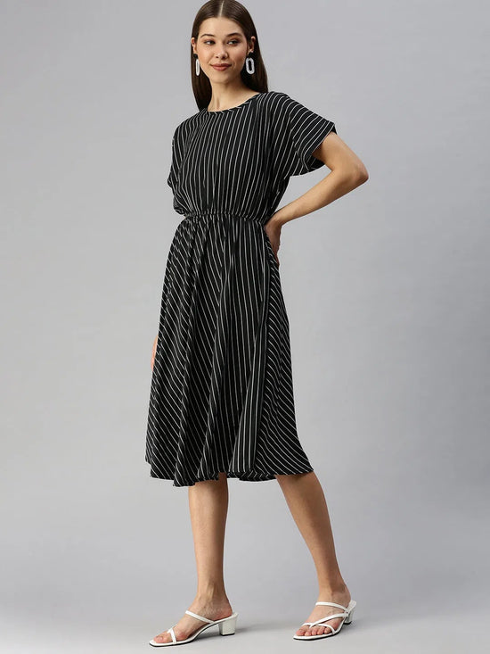 Women's Black Striped Fit and Flare Dress-AE-9873-Black