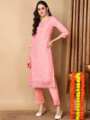 Ahika Women Pink Organza Embroidered Straight Kurta Pant Set With Dupatta