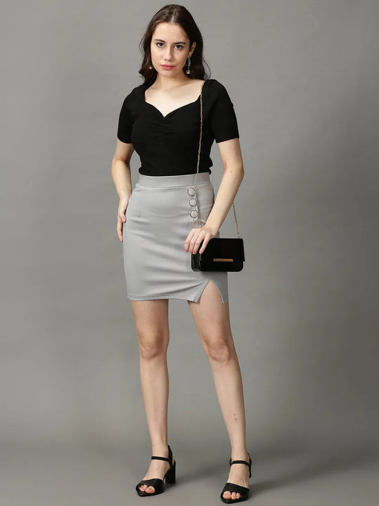 Women's Grey Solid Pencil Skirt-AE-10436-Grey