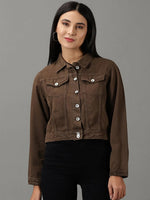 Women's Brown Solid Denim Jacket-IM-10322-Brown