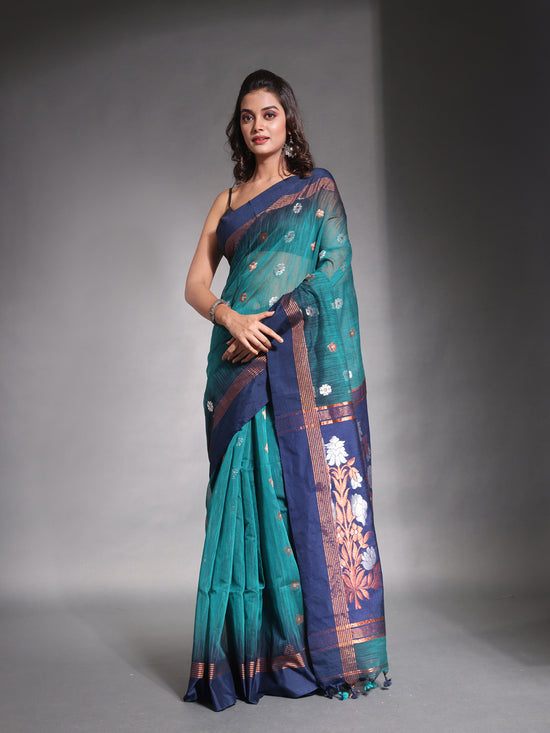 Teal Cotton Soft Saree With Ikkat Style-MA54BCT041400027