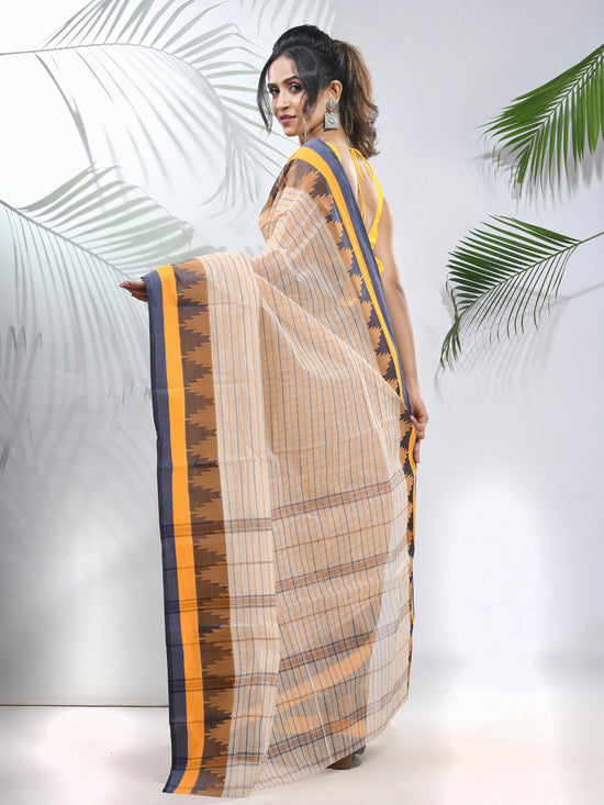 Cream Pure Cotton Tant Saree With Temple Border-MA51TT43430123