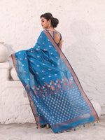 Teal Blue Cotton Saree With Zari Border-MA54BCT041380033