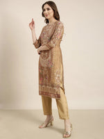 Women Straight Beige Floral Kurta and Trousers Set Comes With Dupatta-BC-SK-1704-Beige