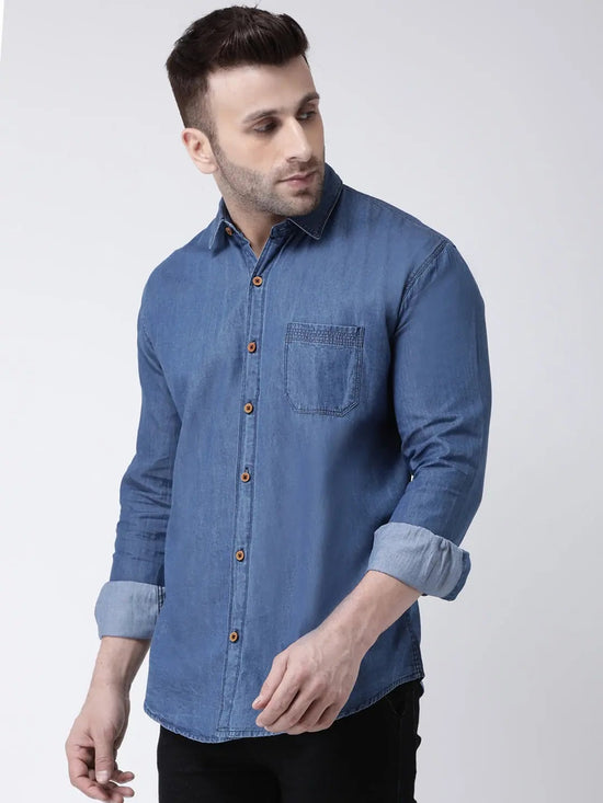 Hangup Men Slim Solid Shirts-CollarDarkDenimShirt