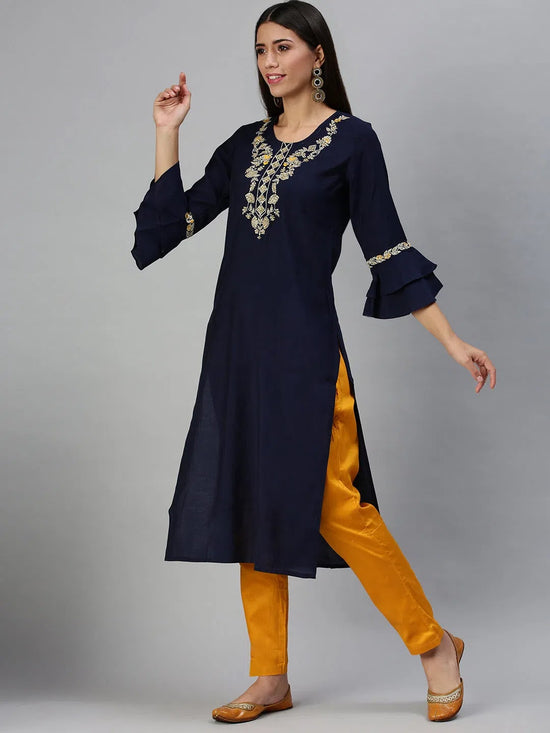 Women's Navy Blue & Yellow Solid Kurta Sets-BC924-Navyblue-Yellow