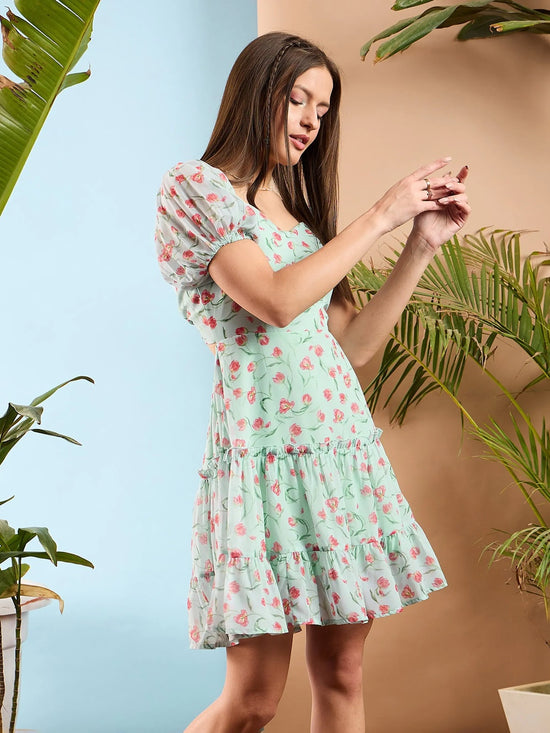 Women Sea Green Floral Sweetheart Neck Short Skater Dress