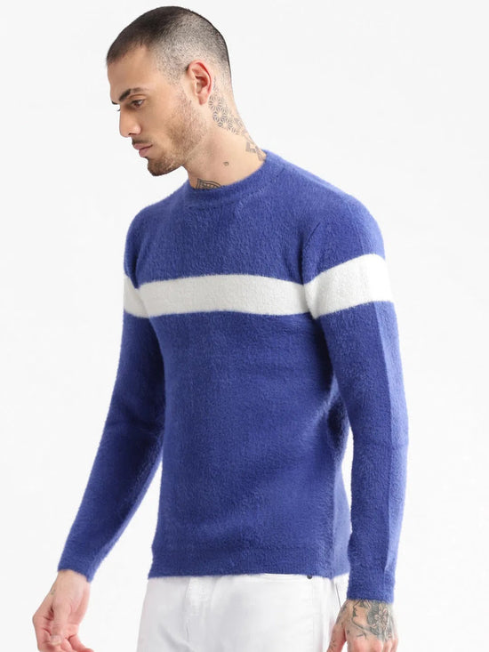 Men Round Neck Solid Blue Pullover-CH002-Blue