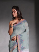 Sage Green  Cotton Soft Saree With Temple Border And Woven Designs-MA54BCT04660059