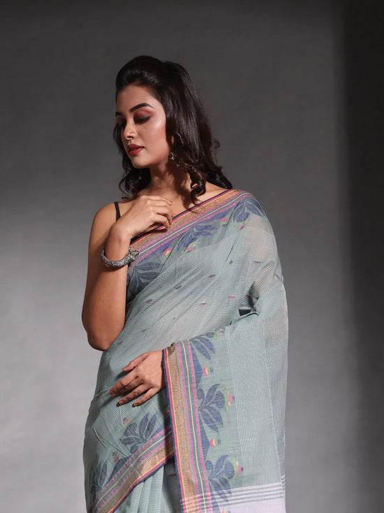 Sage Green  Cotton Soft Saree With Temple Border And Woven Designs-MA54BCT04660059