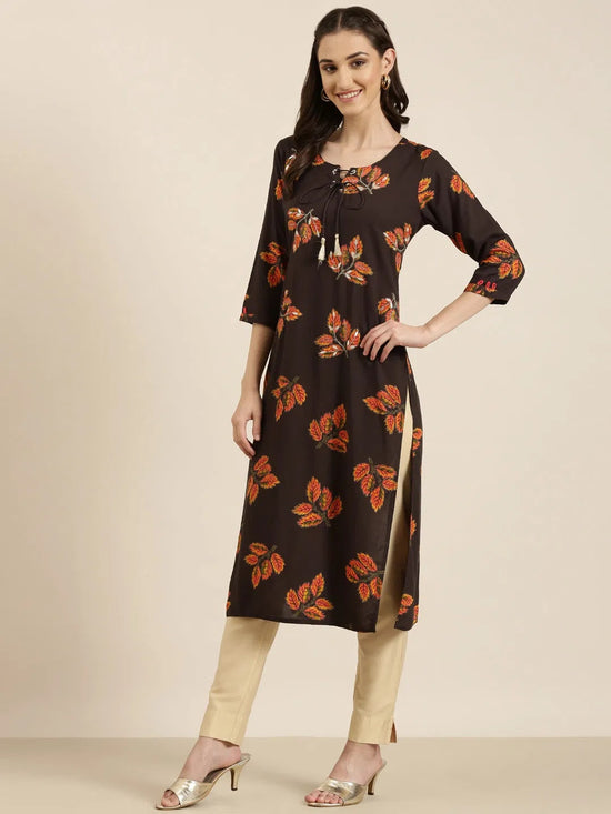 Women Coffee Brown Floral Straight Kurta-NJ-3393332-Coffeebrown