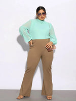 Women Beige Bell Bottom Stretch Trousers