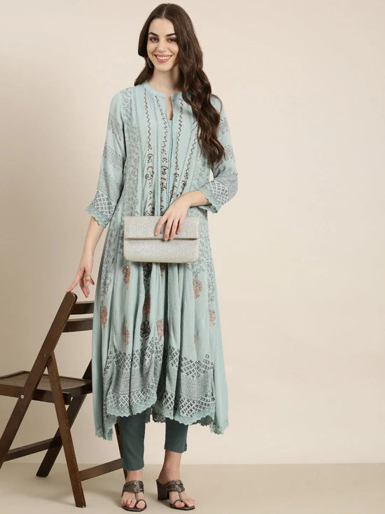 Women Blue Floral A-Line Kurta-RF-1597-Blue