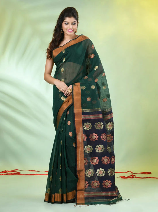 Green Cotton Saree With Ethnic Motifs-MA66BCT431050058