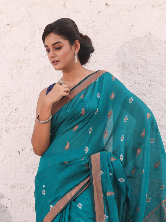 Teal Cotton Saree With Zari Border-MA54BCT041380037