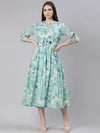 Women Turquoise Blue Floral Fit and Flare Dress-BC-CK-926-Turquoiseblue