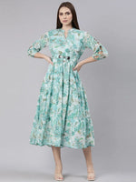 Women Turquoise Blue Floral Fit and Flare Dress-BC-CK-926-Turquoiseblue