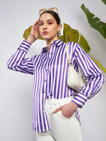 Women Purple & White Satin Striped Shirt