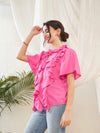 Women Pink Short Sleeves Ruffle Top